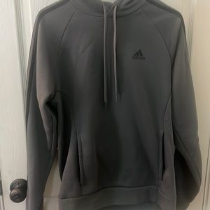Gray adidas hoodie, with black stripes. Size Small.